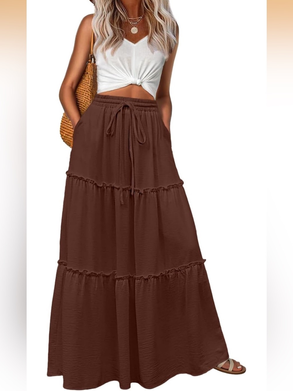 Tiered Maxi Skirt in Brown - Drawstring Waist
